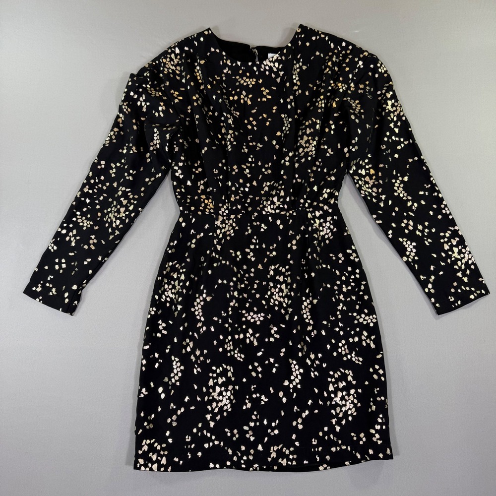 Black Gold Foil Spot Long Sleeve Mini Dress XS Holiday Cocktail Luxe Party NYE